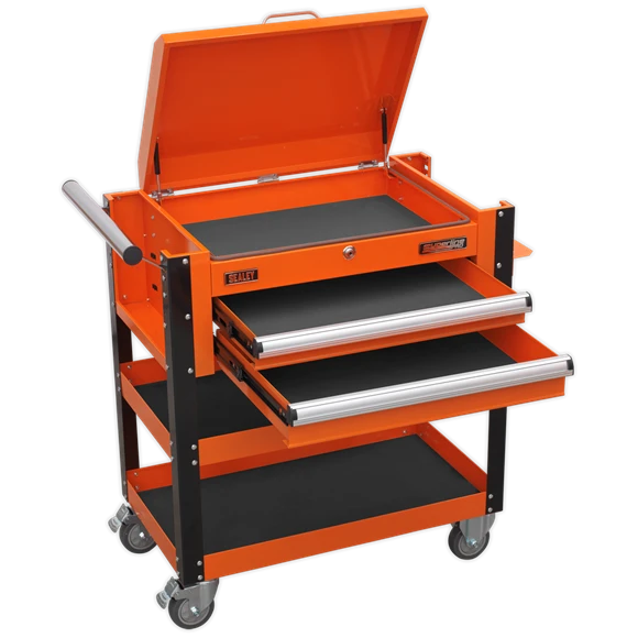 Sealey AP760MO Heavy-Duty Mobile Tool And Parts Trolley 2 Drawers And Lockable Top - Orange
